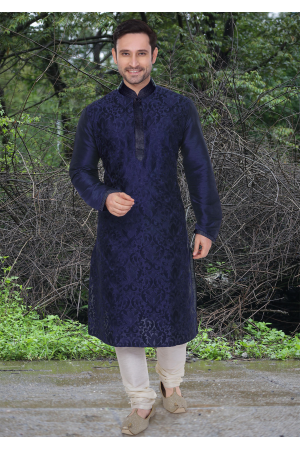 Blue Color Dupion And Art Silk Fabric Kurta Set